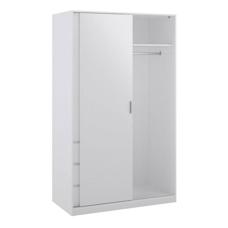 Naia Wardrobe with 1 Sliding door + 1 door + 3 drawers in White High Gloss - Price Crash Furniture