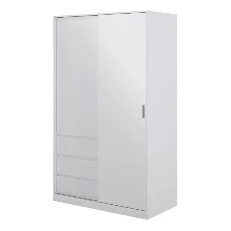 Naia Wardrobe with 1 Sliding door + 1 door + 3 drawers in White High Gloss - Price Crash Furniture