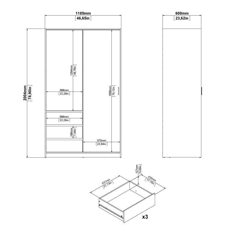 Naia Wardrobe with 1 Sliding door + 1 door + 3 drawers in White High Gloss - Price Crash Furniture