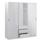 Naia Wardrobe with 2 sliding doors + 1 door + 3 drawers in White High Gloss - Price Crash Furniture