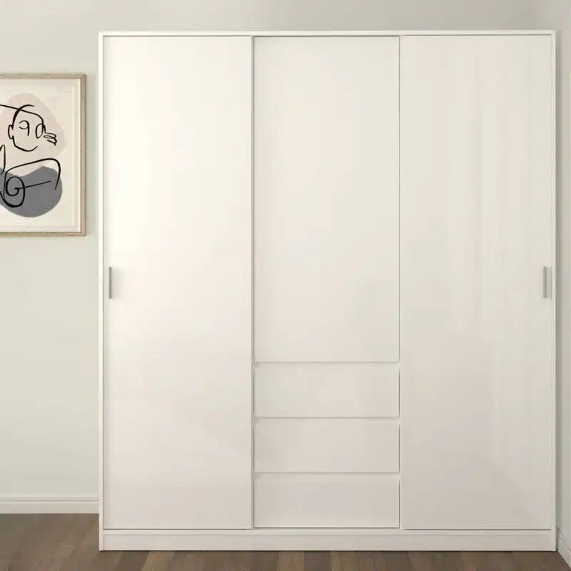 Naia Wardrobe with 2 sliding doors + 1 door + 3 drawers in White High Gloss - Price Crash Furniture