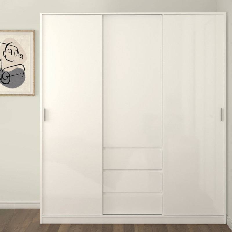 Naia Wardrobe with 2 sliding doors + 1 door + 3 drawers in White High Gloss - Price Crash Furniture