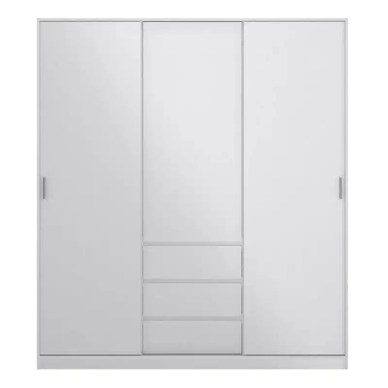 Naia Wardrobe with 2 sliding doors + 1 door + 3 drawers in White High Gloss - Price Crash Furniture