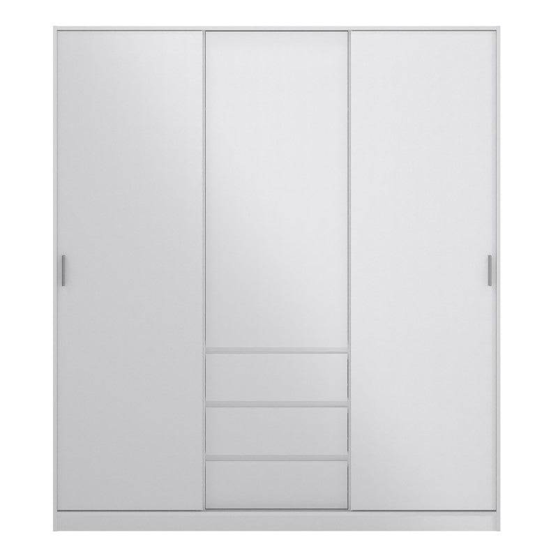 Naia Wardrobe with 2 sliding doors + 1 door + 3 drawers in White High Gloss - Price Crash Furniture