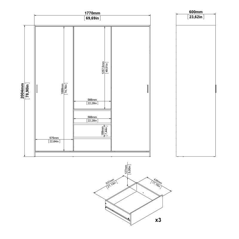 Naia Wardrobe with 2 sliding doors + 1 door + 3 drawers in White High Gloss - Price Crash Furniture