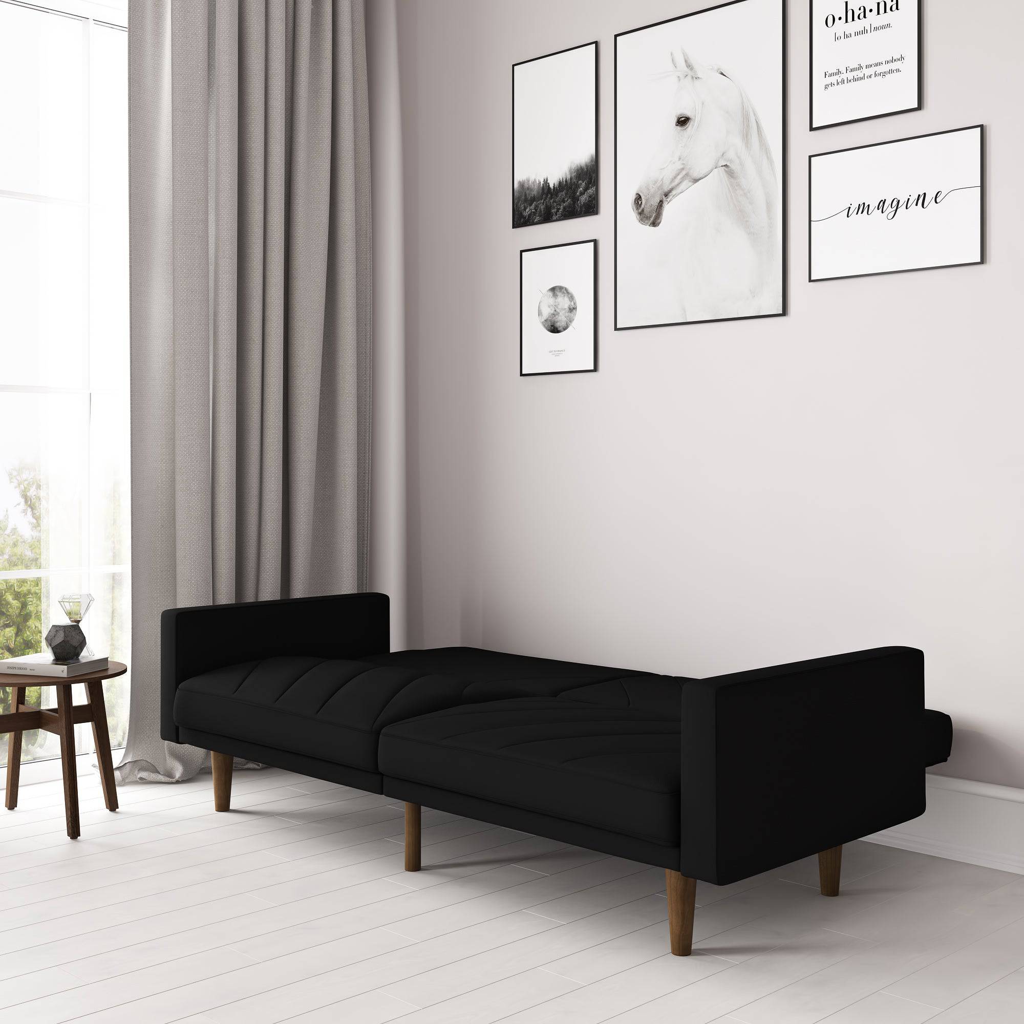 Paxson Sofa Bed with Wooden Feet - Black Linen - Price Crash Furniture