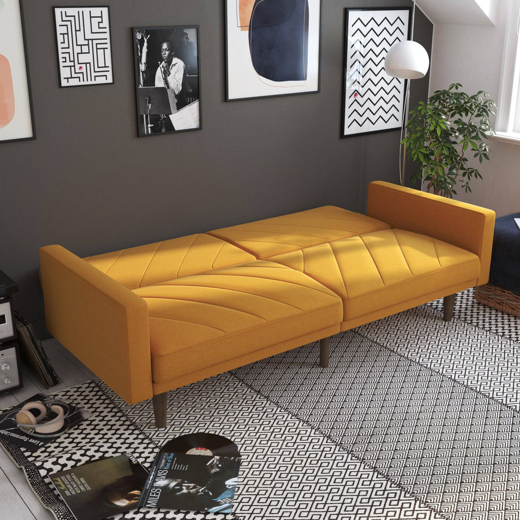 Paxson Sofa Bed with Wooden Feet - Mustard Linen - Price Crash Furniture
