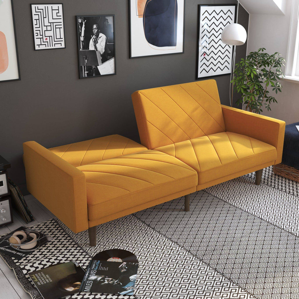 Paxson Sofa Bed with Wooden Feet - Mustard Linen - Price Crash Furniture