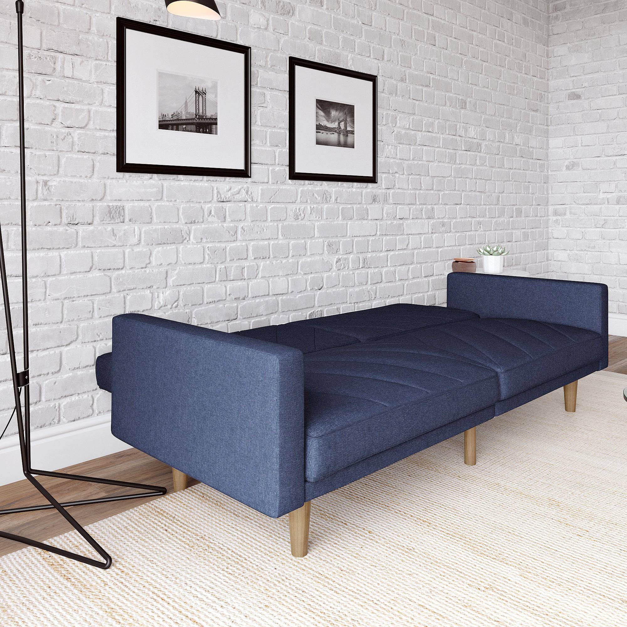 Paxson Sofa Bed with Wooden Feet - Navy Blue Linen - Price Crash Furniture