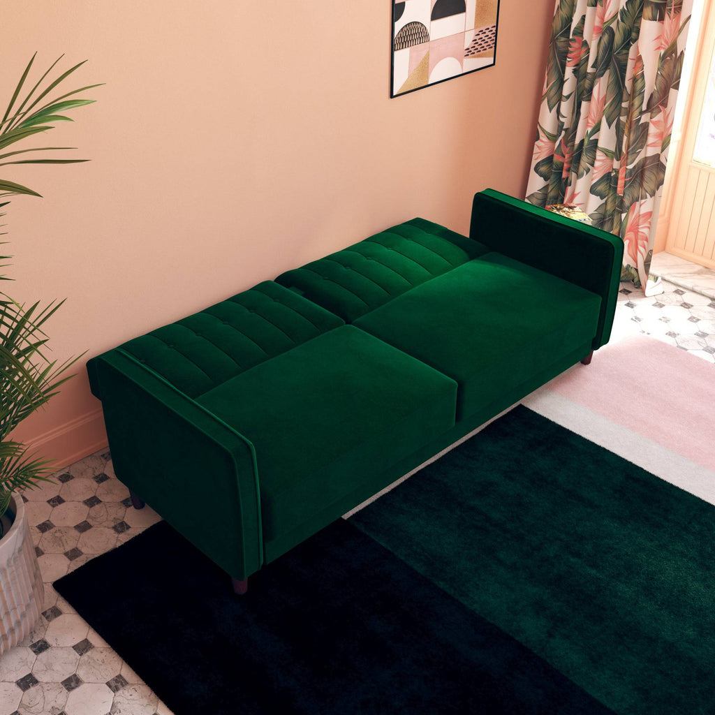 Pin Tufted Transitional Sofa Bed in Green Velvet - Price Crash Furniture