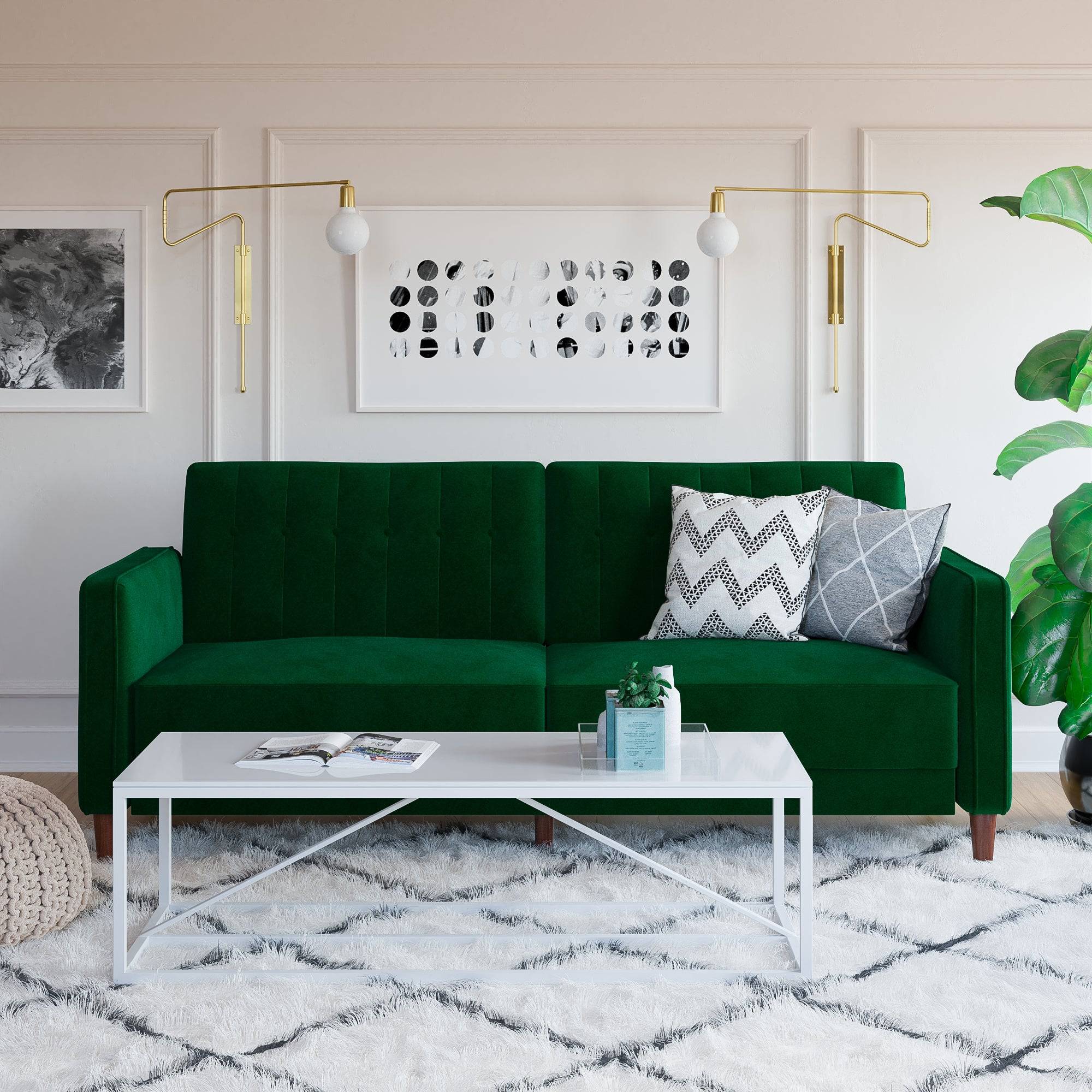 Pin Tufted Transitional Sofa Bed in Green Velvet - Price Crash Furniture