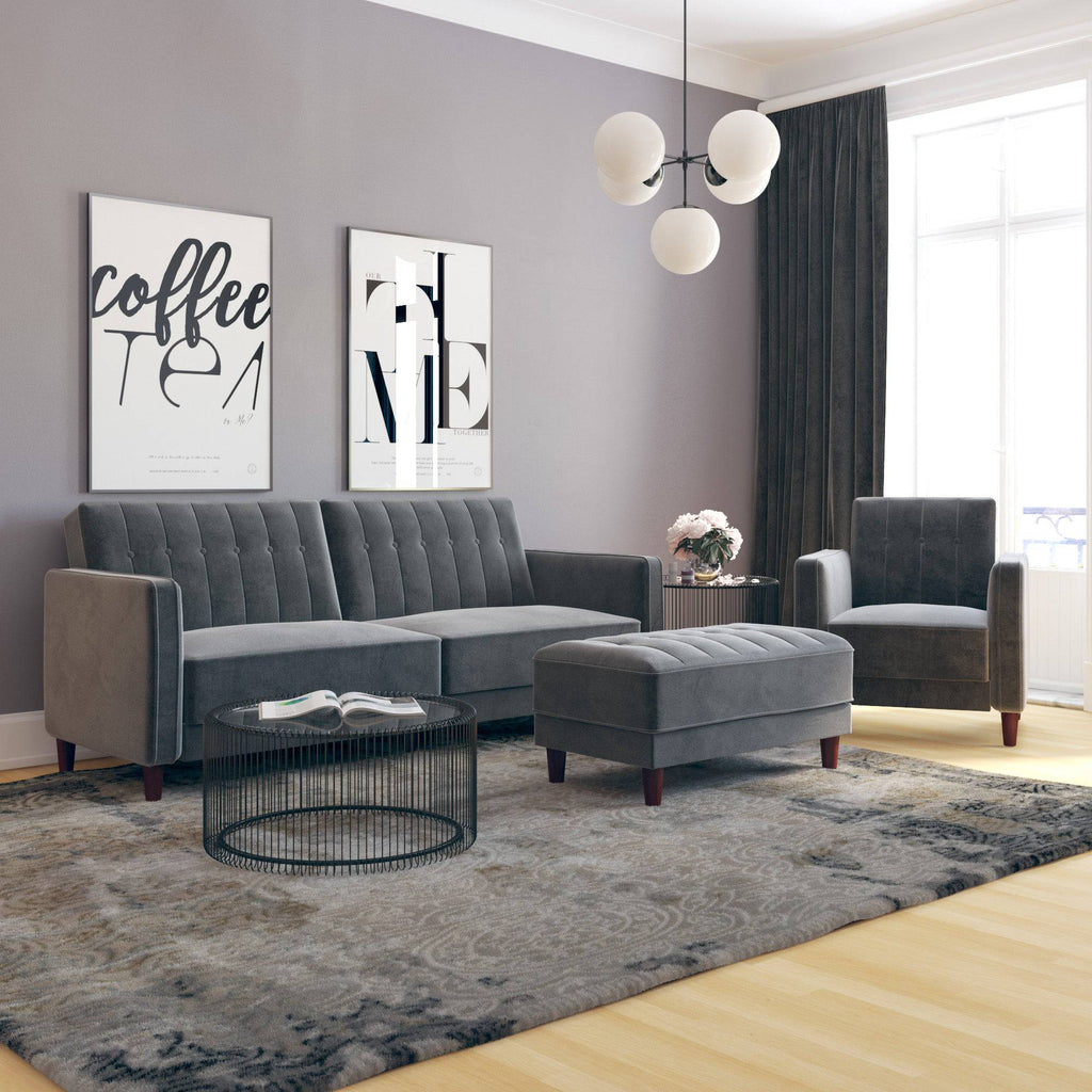 Pin Tufted Transitional Sofa Bed in Grey Velvet - Price Crash Furniture