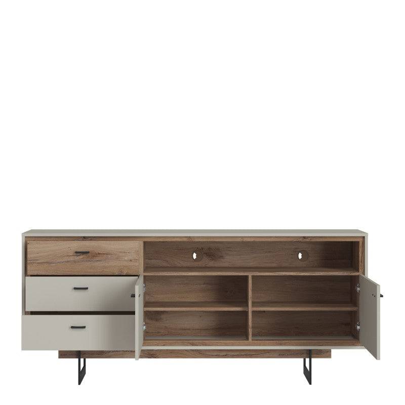 Rivero 2 Door 3 Drawer Open Shelf Sideboard In Grey And Oak - Price Crash Furniture