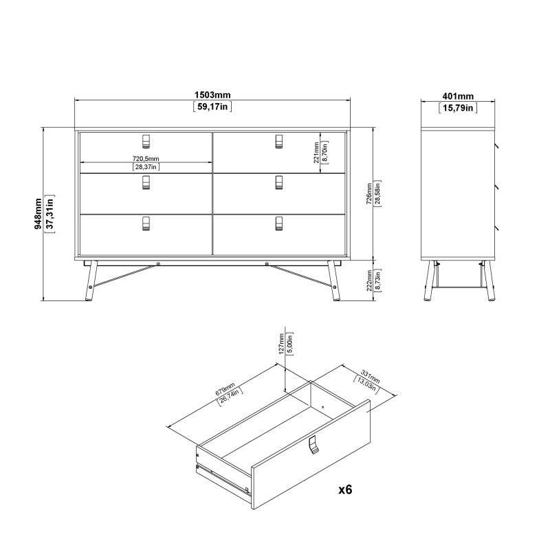 Ry Wide Double Chest of Drawers 6 Drawers in Jackson Hickory Oak - Price Crash Furniture