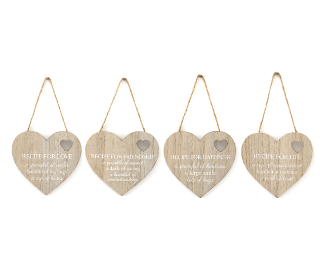 Set of 4 Wood Hanging White Etched Life Recipe Heart Plaque - Price Crash Furniture
