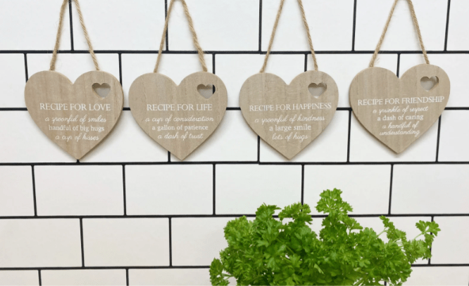 Set of 4 Wood Hanging White Etched Life Recipe Heart Plaque - Price Crash Furniture