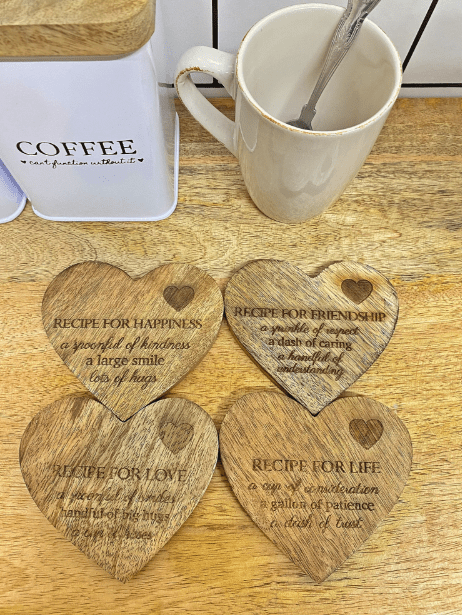 Set of 4 Wooden Heart Shaped Coasters - Price Crash Furniture