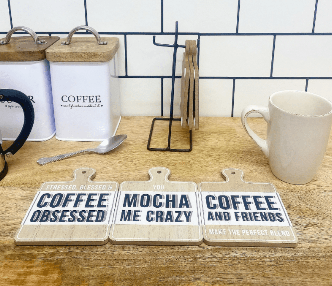 Set of Six Coffee Slogan Coasters On Metal Stand - Price Crash Furniture