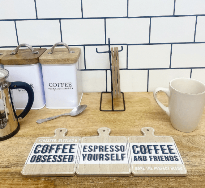 Set of Six Coffee Slogan Coasters On Metal Stand - Price Crash Furniture