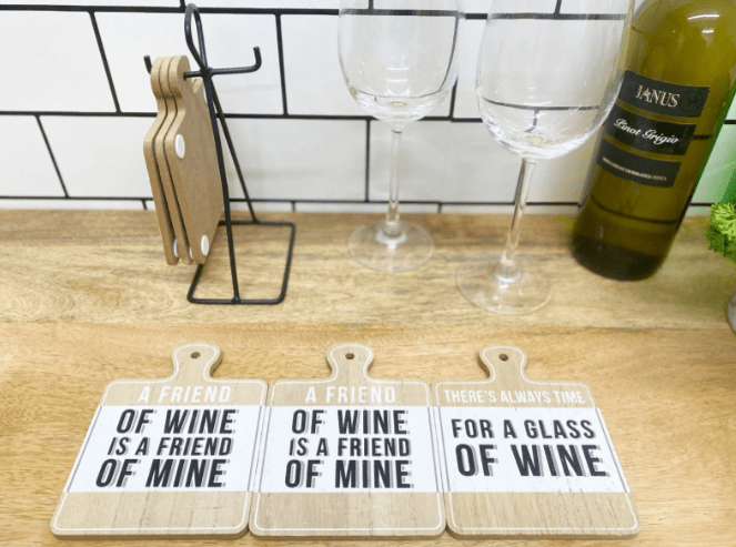 Set of Six Wine Slogan Coasters On Metal Stand - Price Crash Furniture