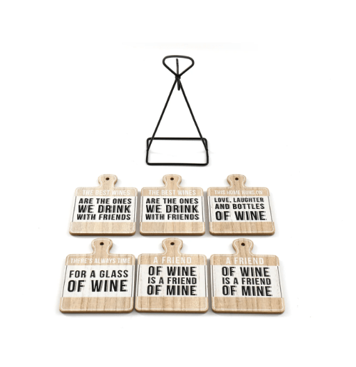 Set of Six Wine Slogan Coasters On Metal Stand - Price Crash Furniture