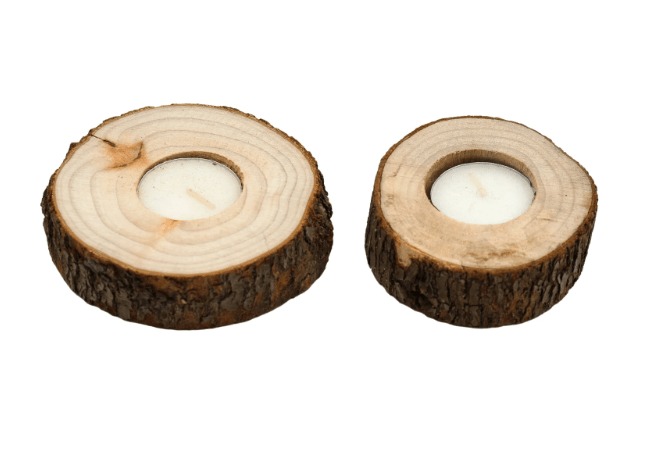Set of Two Wooden Tealight Holders with Bark Detail - Price Crash Furniture