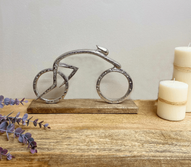 Silver Cyclist on a Wooden Base - Price Crash Furniture