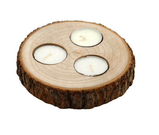 Wooden Triple Tealight Holder With Bark Detail - Price Crash Furniture