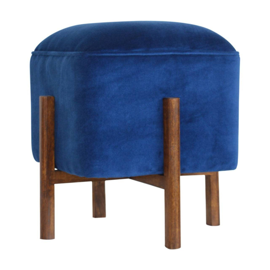 Artisan Royal Blue Velvet Footstool with Solid Wood Legs - Price Crash Furniture