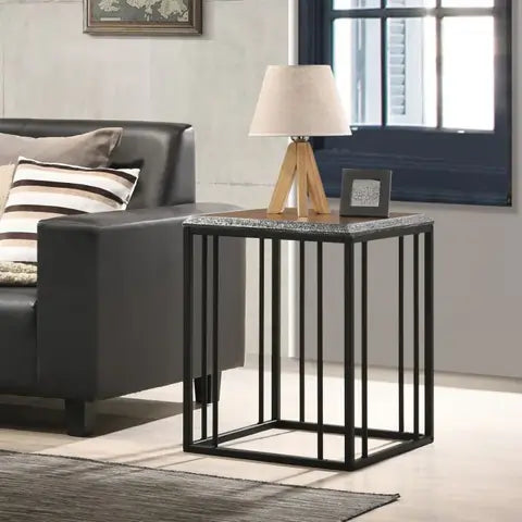 Black metal side table with marble top