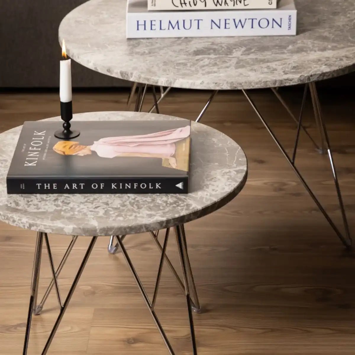 Prunus Round Coffee Table With Grey Brown Marble Top - Price Crash Furniture
