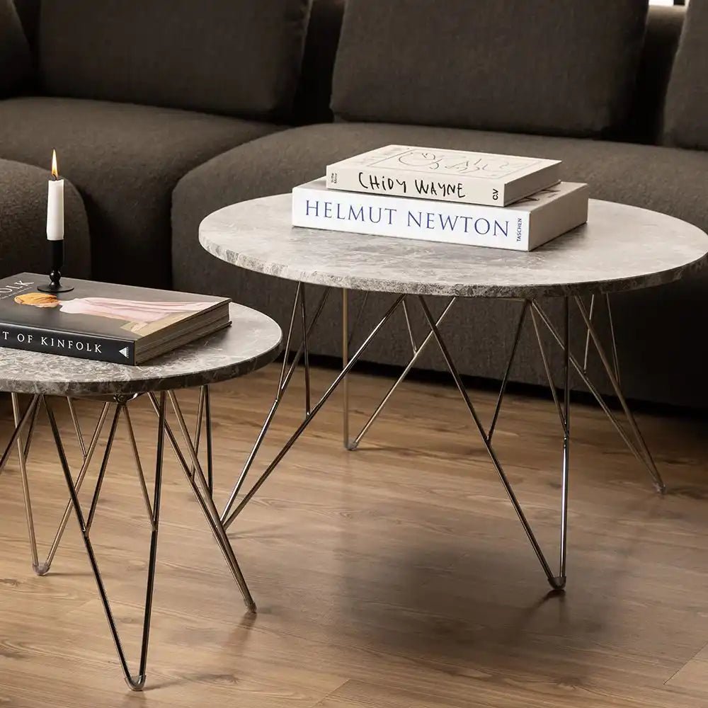 Prunus Round Coffee Table With Grey Brown Marble Top - Price Crash Furniture