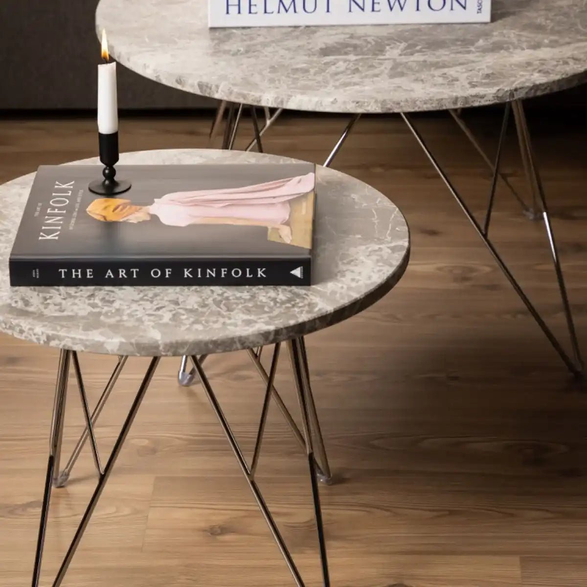 Prunus Round Side Table With Grey Brown Marble Top - Price Crash Furniture