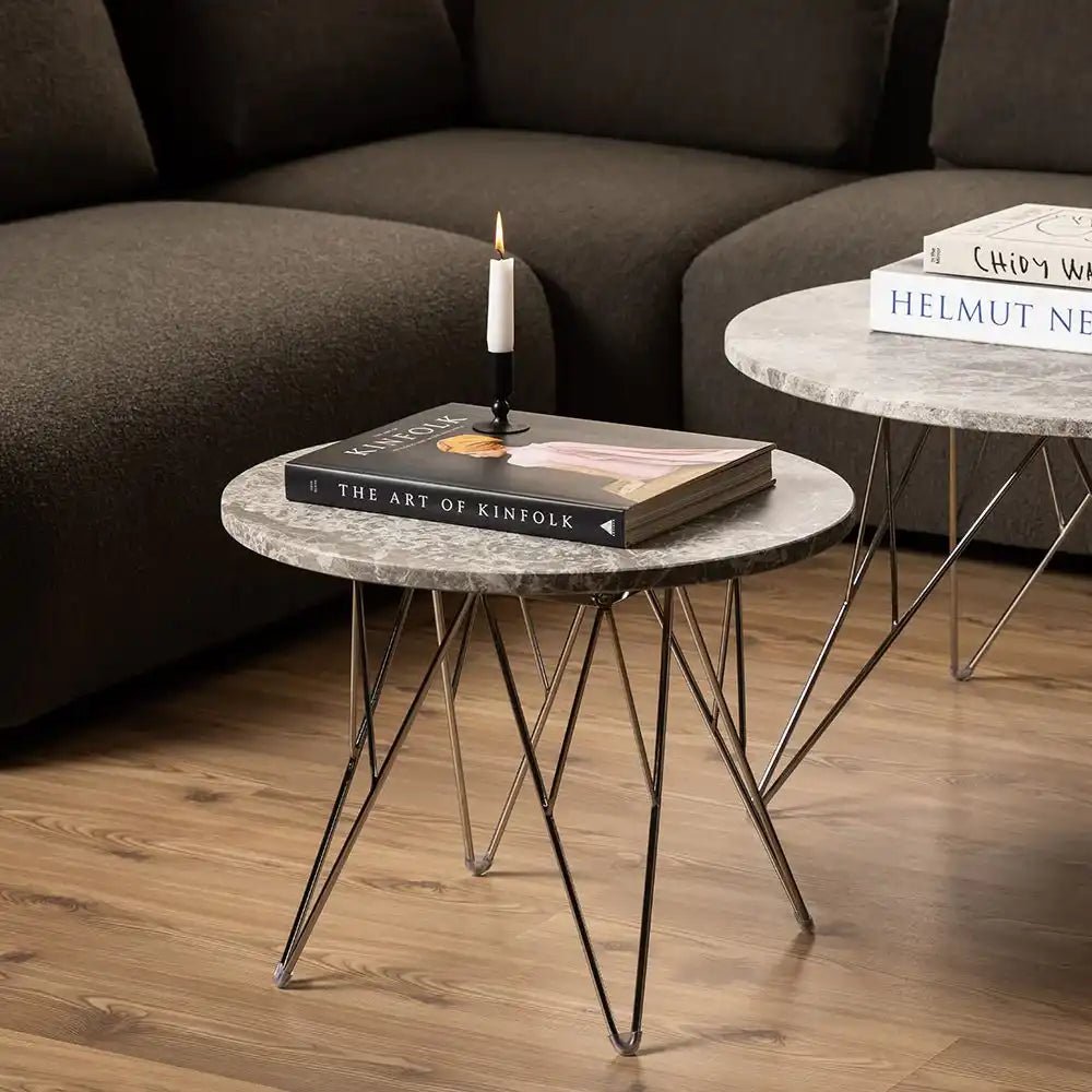 Prunus Round Side Table With Grey Brown Marble Top - Price Crash Furniture