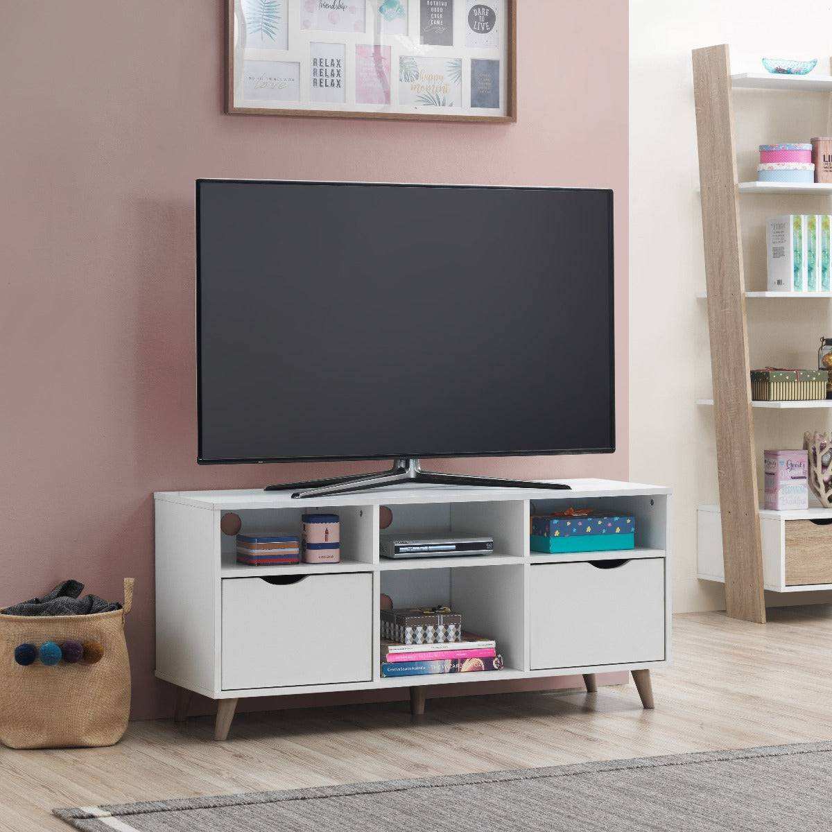 Pulford 2 Drawer TV Cabinet Stand in White by TAD - Price Crash Furniture