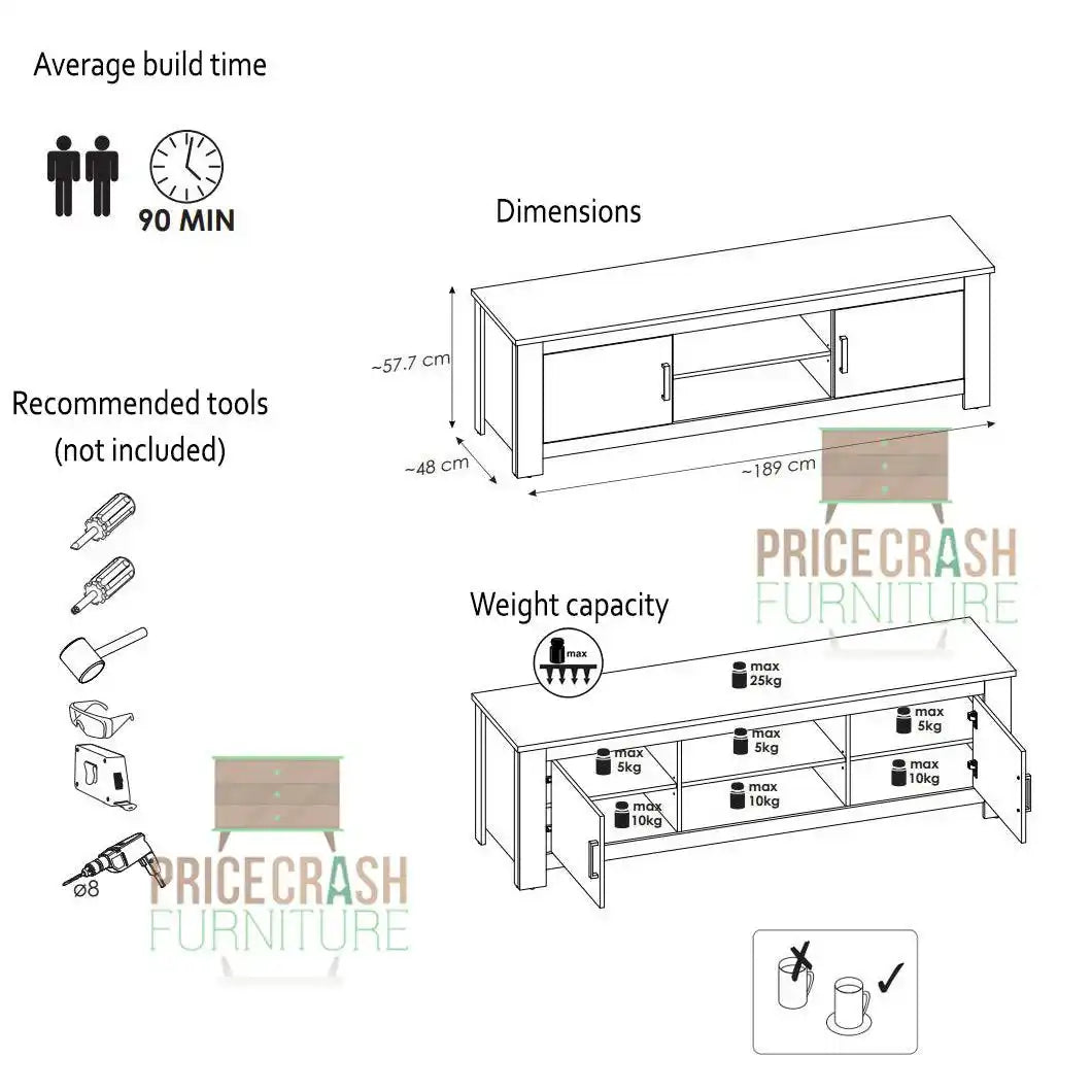 Rapallo 2 door 189 cm wide TV Cabinet in Chestnut and Matera Grey - Price Crash Furniture