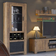 Rapallo 2 Door Display Cabinet with Wine Rack in Chestnut and Matera Grey - Price Crash Furniture