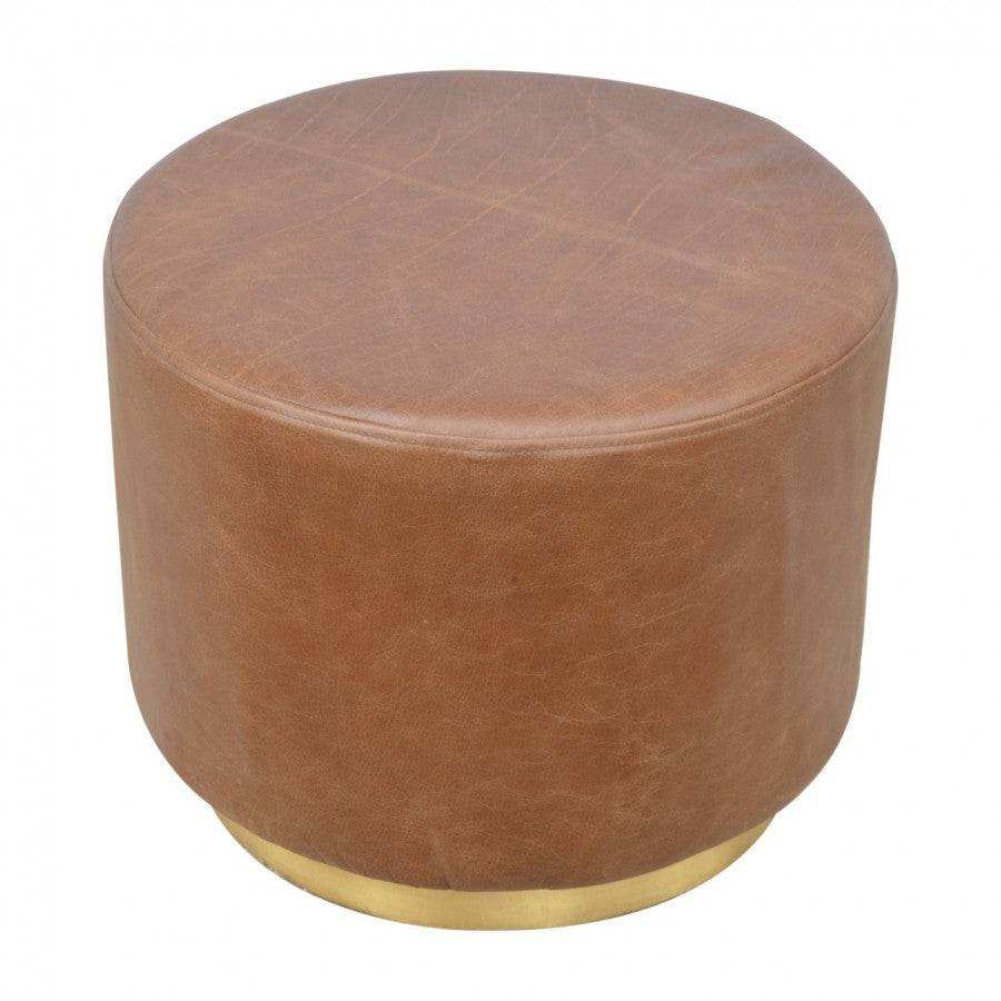 Round Brown Buffalo Leather Footstool With Gold Base - Price Crash Furniture