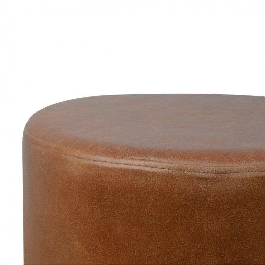 Round Brown Buffalo Leather Footstool With Gold Base - Price Crash Furniture