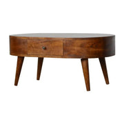 Rounded 2 Drawer Coffee Table in Chestnut - effect Solid Mango Wood - Price Crash Furniture