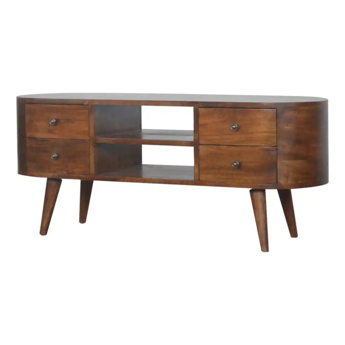Rounded Media Unit with 4 Drawers in chestnut - effect Solid Mango Wood - Price Crash Furniture