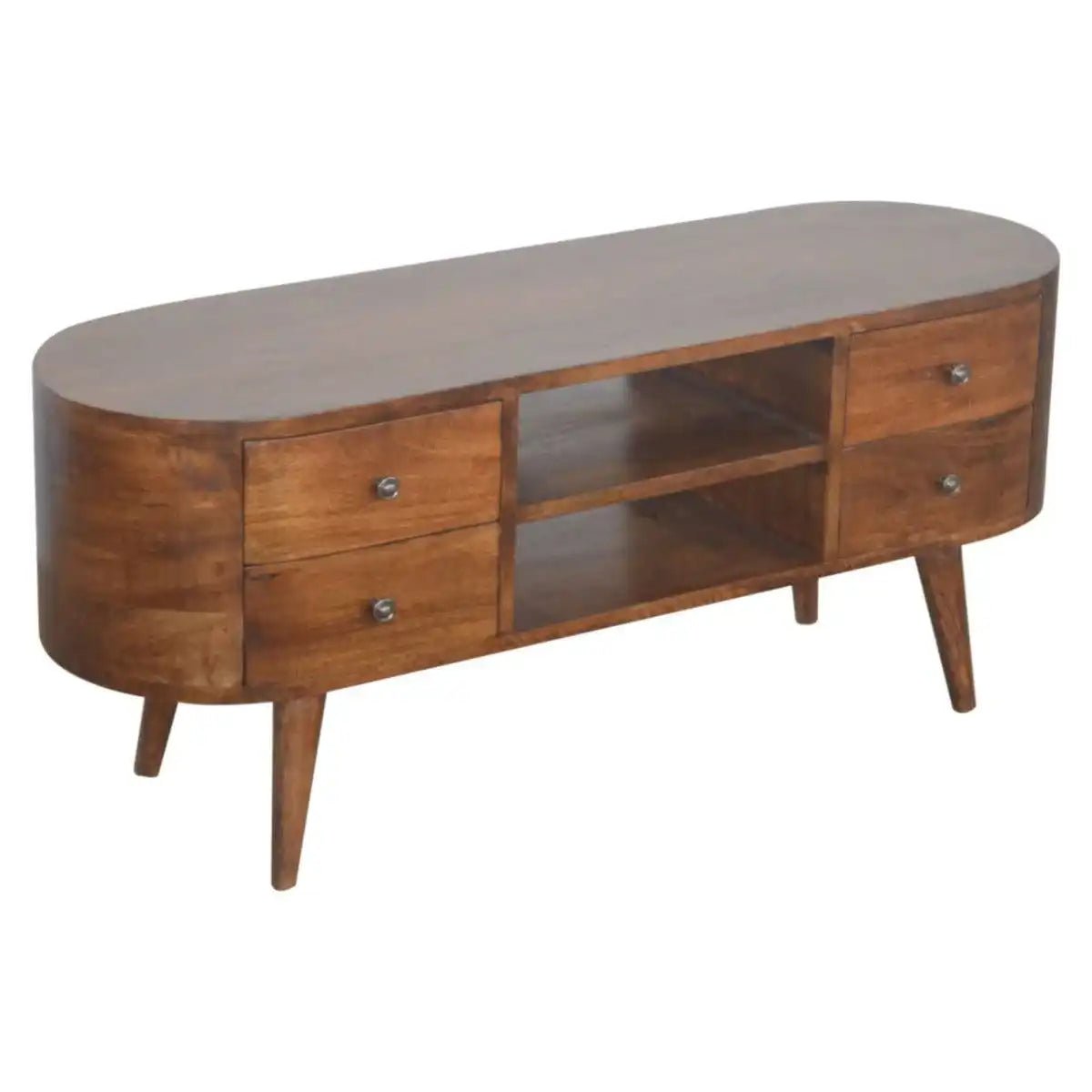Rounded Media Unit with 4 Drawers in chestnut - effect Solid Mango Wood - Price Crash Furniture