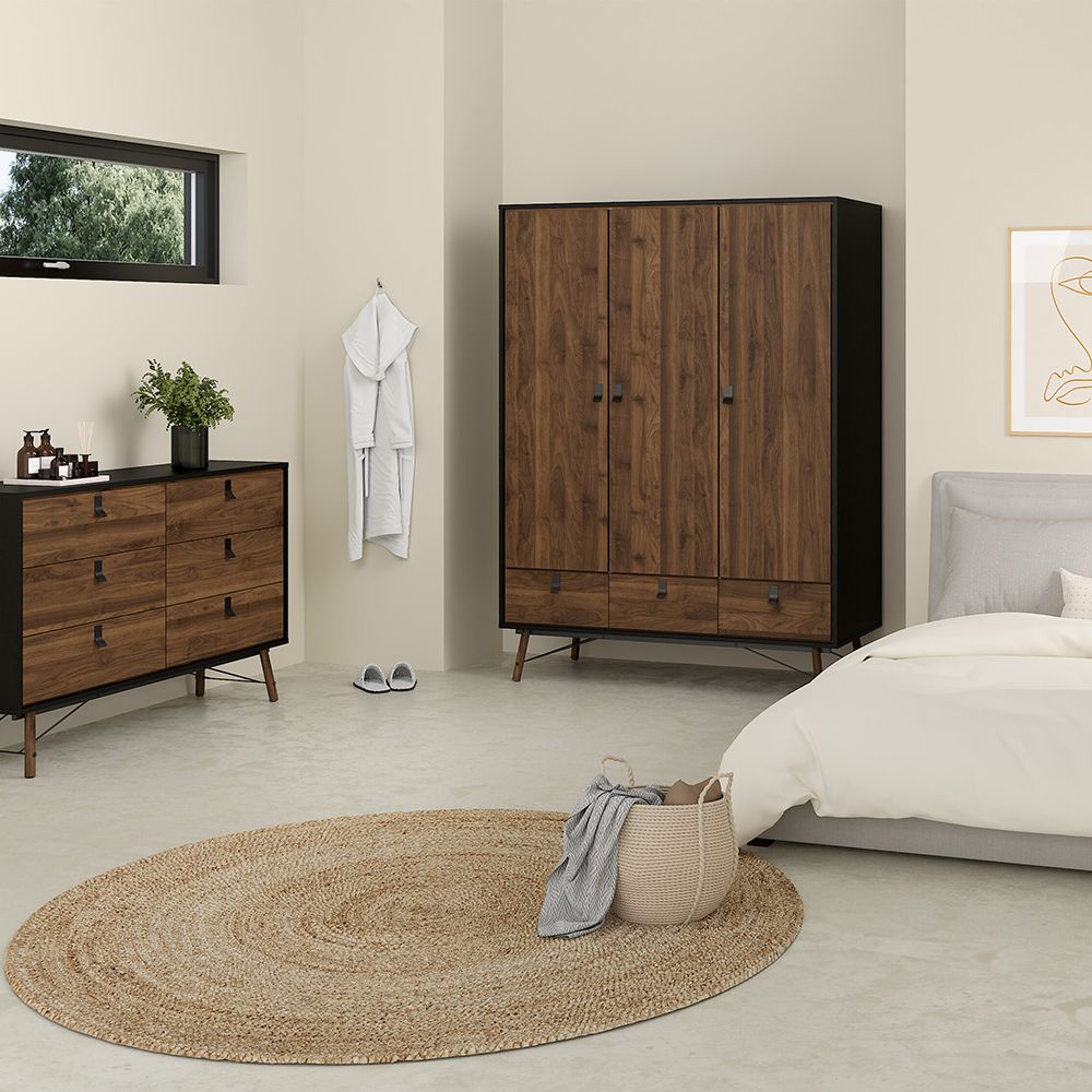 Ry Package - Wardrobe 3 Doors + 3 Drawers + Double chest 6 Drawers + Bedside Cabinet 2 Drawers In Matt Black Walnut - Price Crash Furniture