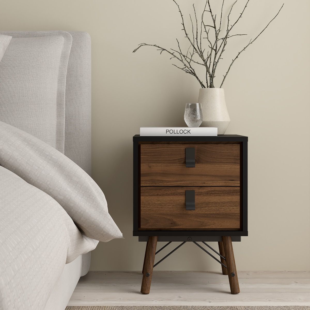 Ry Package - Wardrobe 3 Doors + 3 Drawers + Double chest 6 Drawers + Bedside Cabinet 2 Drawers In Matt Black Walnut - Price Crash Furniture