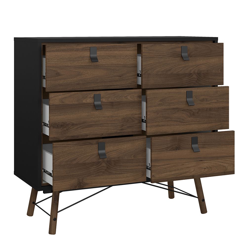 Ry Package - Wardrobe 3 Doors + 3 Drawers + Double chest 6 Drawers + Bedside Cabinet 2 Drawers In Matt Black Walnut - Price Crash Furniture