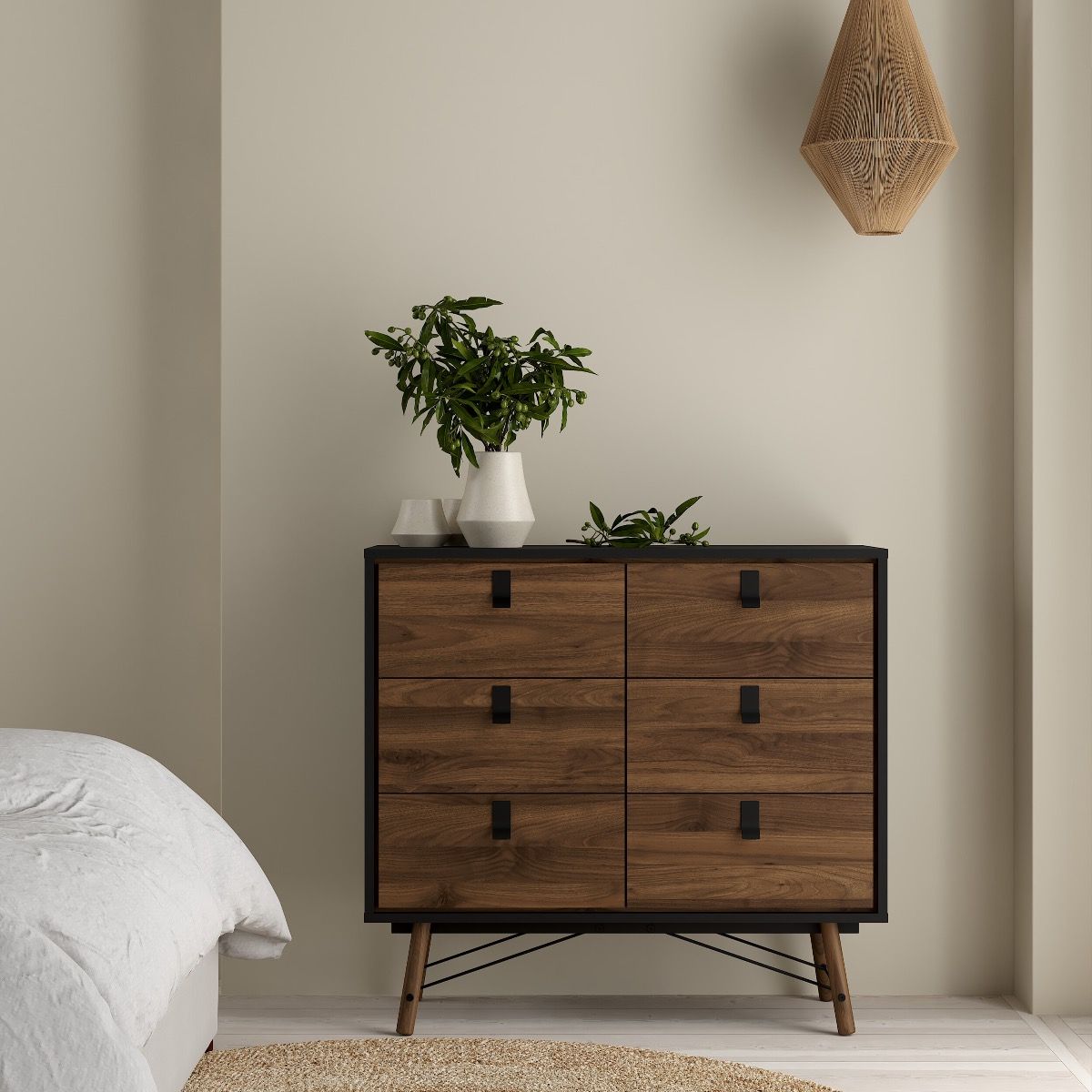 Ry Package - Wardrobe 3 Doors + 3 Drawers + Double chest 6 Drawers + Bedside Cabinet 2 Drawers In Matt Black Walnut - Price Crash Furniture