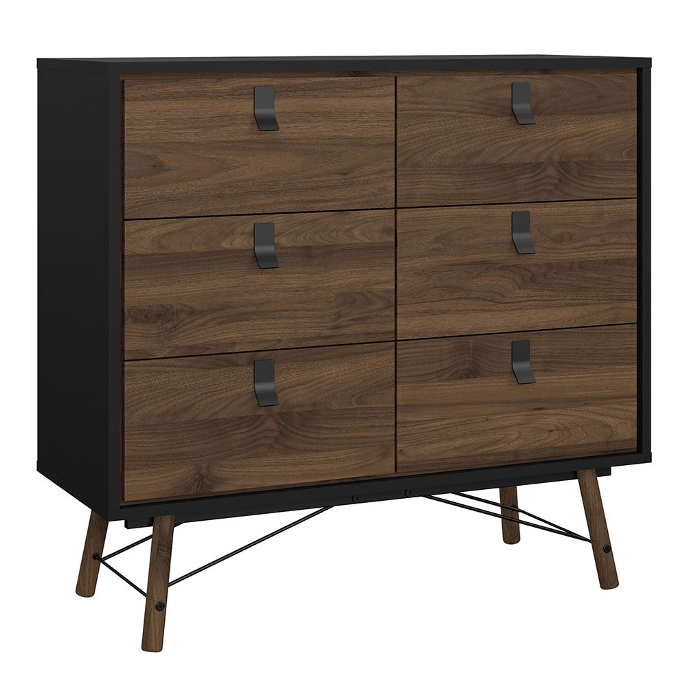 Ry Package - Wardrobe 3 Doors + 3 Drawers + Double chest 6 Drawers + Bedside Cabinet 2 Drawers In Matt Black Walnut - Price Crash Furniture