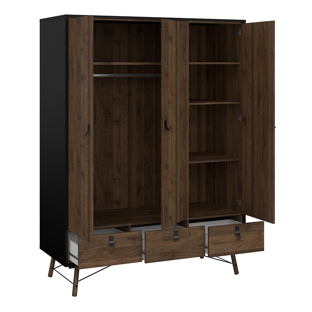 Ry Package - Wardrobe 3 Doors + 3 Drawers + Double chest 6 Drawers + Bedside Cabinet 2 Drawers In Matt Black Walnut - Price Crash Furniture