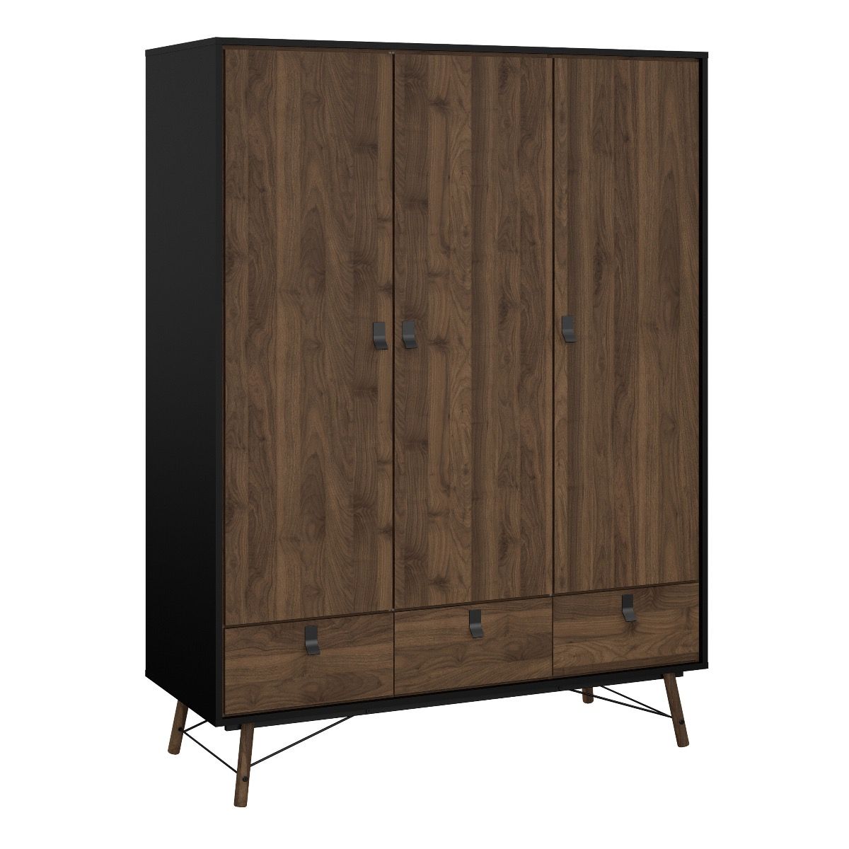 Ry Package - Wardrobe 3 Doors + 3 Drawers + Double chest 6 Drawers + Bedside Cabinet 2 Drawers In Matt Black Walnut - Price Crash Furniture