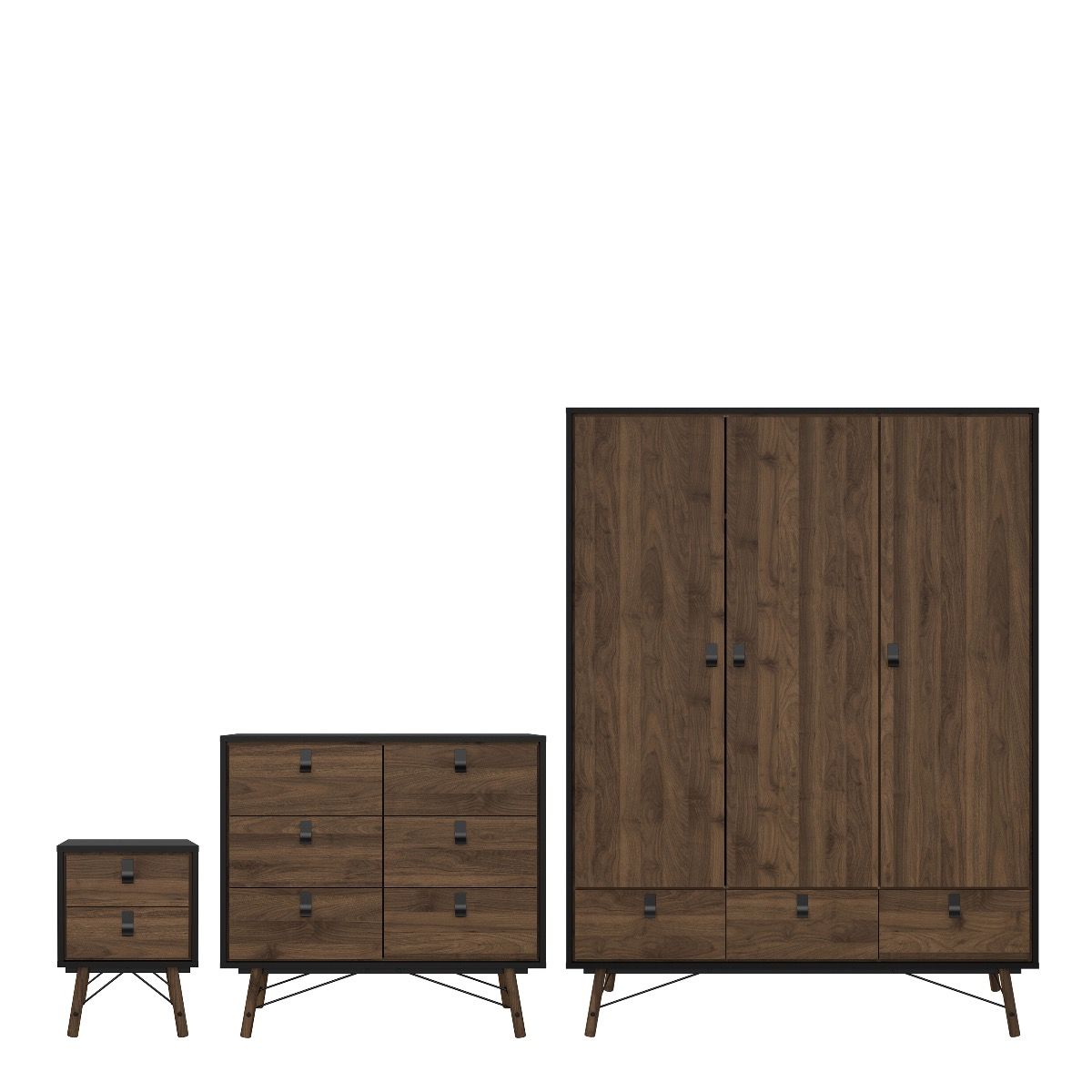Ry Package - Wardrobe 3 Doors + 3 Drawers + Double chest 6 Drawers + Bedside Cabinet 2 Drawers In Matt Black Walnut - Price Crash Furniture